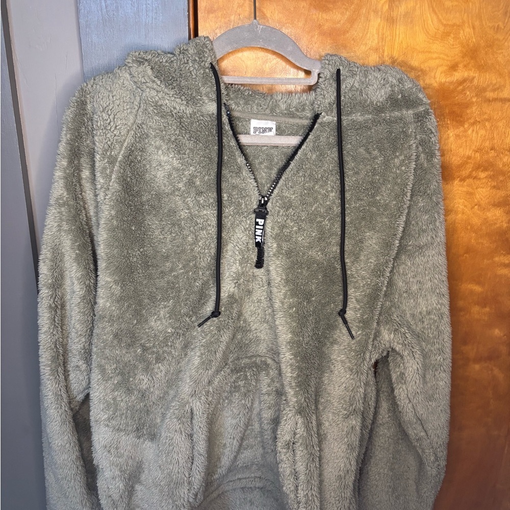 PINK Victoria's Secret Green Zip Up Sweater Plush Fleece